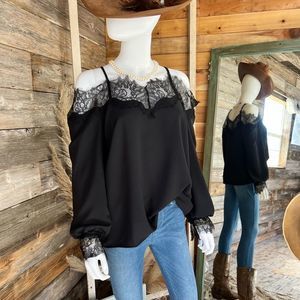 Boutique Brand Black Lace Cold Shoulder Blouse Whisper Lace Neckline and Cuff 💗